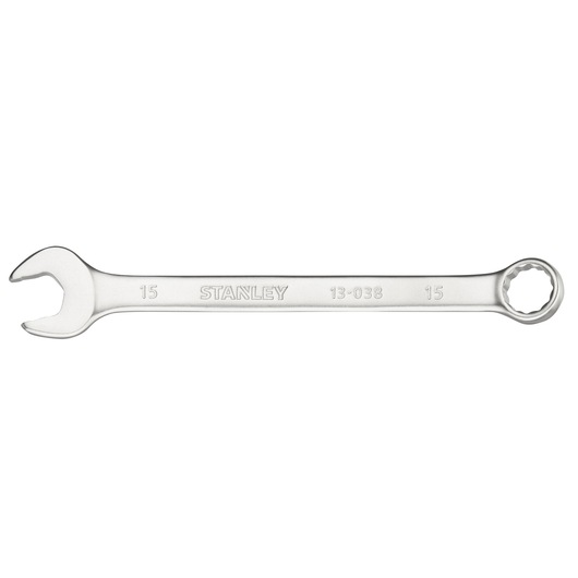 Foto van de STANLEY FMMT13038-0 combinatiesleutel, zilverkleurig, 15mm, op witte achtergrond.