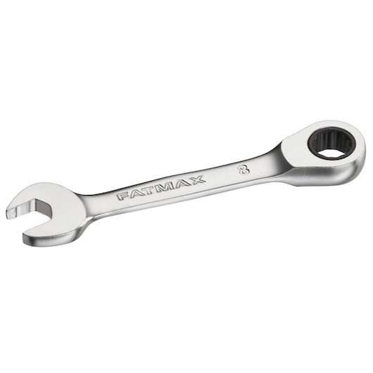 STANLEY FMMT13097-0 combinatieratelsteeksleutel, zilverkleurig, linker hoek, steeksleutel en ratelring.