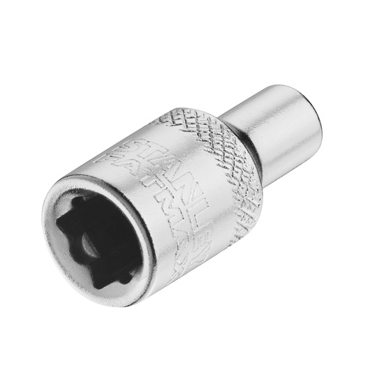 STANLEY FMMT17185-0 douille argentée, photo en gros plan, prise moletée, fond blanc.