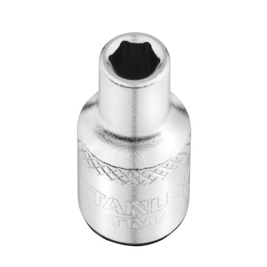 STANLEY FMMT17186-0 chromen dopsleutel, bovenaanzicht, gekartelde grip, fotografie met witte achtergrond.