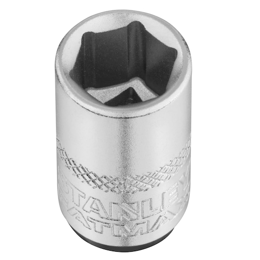 STANLEY FMMT17195-0 chromen dopsleutel, zeskant ontwerp, close-up op witte achtergrond.