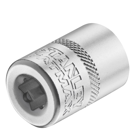 STANLEY FMMT17197-0 chromen dopsleuteladapter, cilindervorm met gekartelde grip, close-up op witte achtergrond.