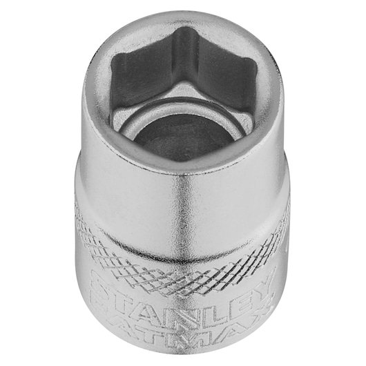 STANLEY FMMT17211-0 chromen dopsleutel, zes-kant ontwerp, bovenaanzicht, gekartelde grip, gereedschapaccessoire.