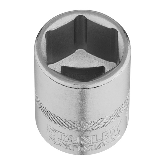 STANLEY FMMT17216-0 verchroomde dopsleutel, gekartelde grip, bovenaanzicht, witte achtergrond, handgereedschapaccessoire.