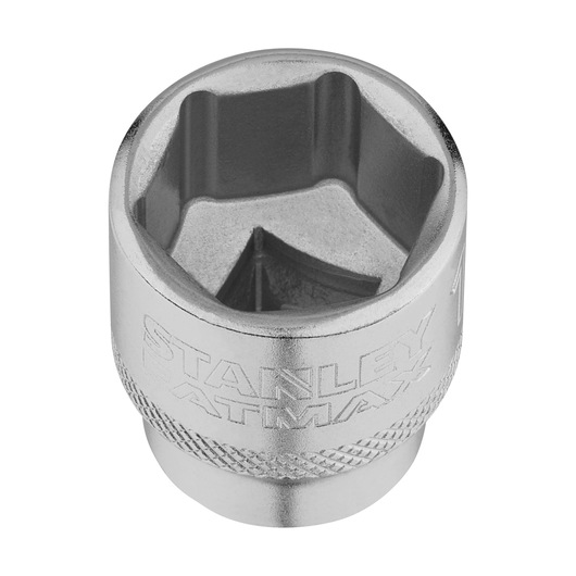 Photo de STANLEY FMMT17219-0 douille, finition argentée, logo gravé, angle frontal, accessoire d’outil.