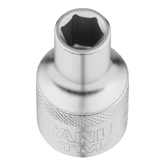 STANLEY FMMT17227-0 chromen dop, bovenaanzicht, met geribbeld gripvlak en gegraveerd merk, handgereedschap accessoire.