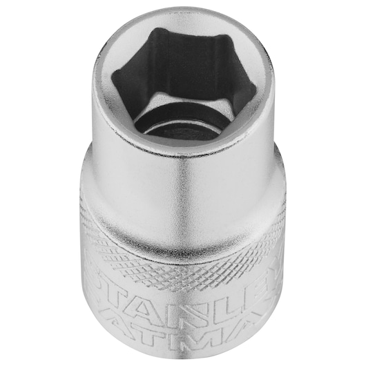 STANLEY FMMT17232-0 zilveren zeskant dop frontaal op witte achtergrond, gereedschap accessoire.