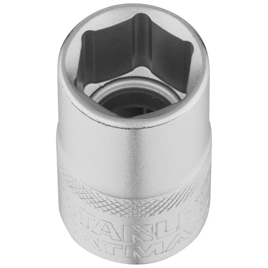STANLEY FMMT17235-0 chromen dop, bovenaanzicht, zilverkleurige afwerking, zeskantige opening, handgereedschap accessoire.