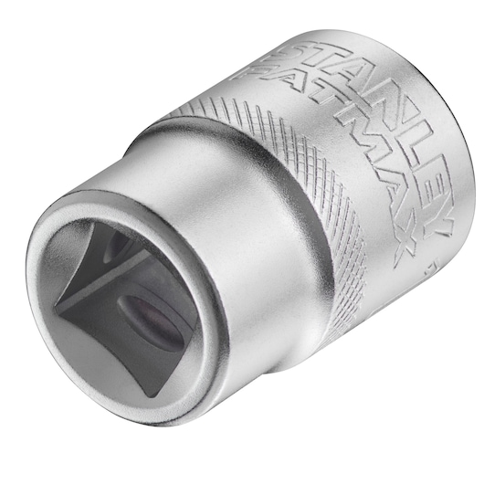 STANLEY FMMT17238-0 chromen dopsleuteladapter, schuine close-up met gegraveerd logo, handgereedschap accessoire.