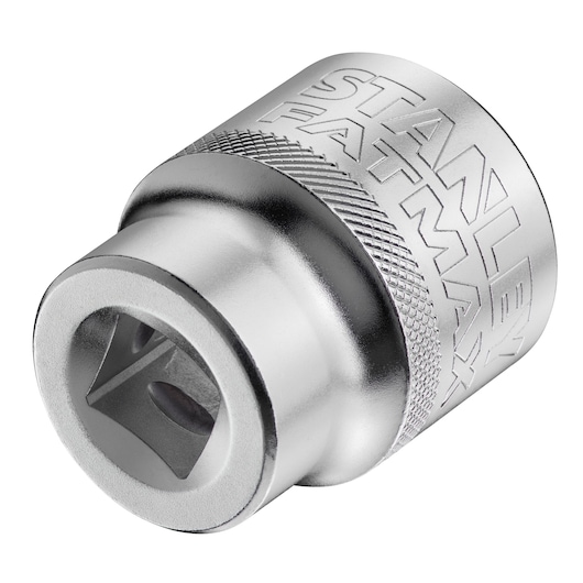 Foto van STANLEY FMMT17244-0 dop, chromen afwerking, gegraveerd STANLEY FATMAX merk, close-up hoek.
