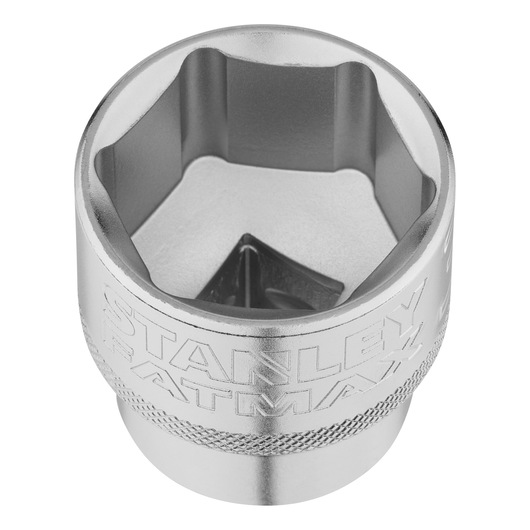 STANLEY FMMT17246-0 chromen dopsleutel, zeskant ontwerp, close-up bovenaanzicht, handgereedschap accessoire.