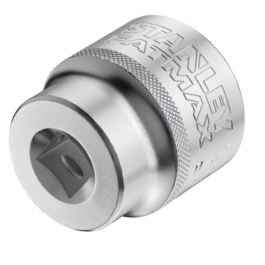 Adaptateur de douille chromé STANLEY FMMT17247-0, vue rapprochée et en angle sur fond blanc.