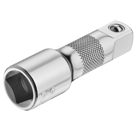 STANLEY FMMT25123-0 chromen socket adapter met geribbelde grip, schuin op witte achtergrond weergegeven.