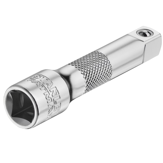 STANLEY FMMT25130-0 chromen socket verlenging met geribbelde grip, fotografie op witte achtergrond.