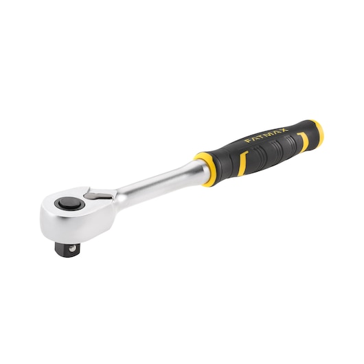 STANLEY FMMT82676-0 ratelsleutel met zwart-geel ergonomisch handvat, zijaanzicht op witte achtergrond.