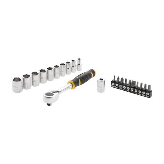 STANLEY FMMT82679-0 dopsleutel- en bitset met ratelhandgreep, twaalf doppen en tien bits, vooraanzicht.