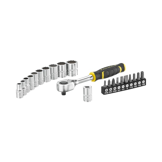 STANLEY FMMT82679-0 ratelset met zwart-gele handgreep, doppen en diverse schroefbits, vooraanzicht.