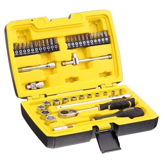 STANLEY FMMT82683-1 doppel- en bitset in zwarte harde koffer met gele binnenkant, open met diverse handgereedschappen.