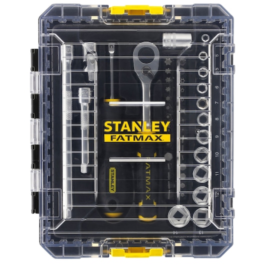 STANLEY FMMT98101-0 doppenset en ratel in doorzichtige kunststof koffer, bovenaanzicht, gele en zwarte details.