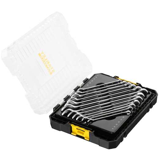 STANLEY FMMT98104-0 combinatieringsleutelset in zwart-gele kunststof koffer, schuine foto met open deksel.