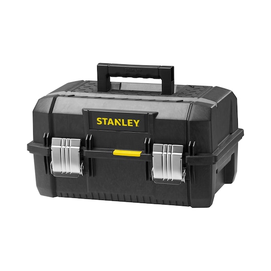 STANLEY FMST1-71219 boîte à outils en plastique noir avec loquets métalliques, angle avant sur fond blanc.