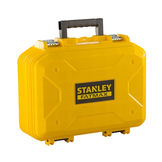 STANLEY FMST1-71943 gele kunststof gereedschapskoffer met zwarte handgreep, vooraanzicht op witte achtergrond.