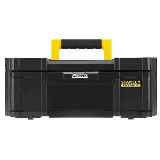 STANLEY FMST1-71968 zwarte gereedschapskist met gele handgreep, vooraanzicht, Pro-Stack Fatmax serie.