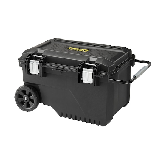 STANLEY FMST1-73601 verrijdbare gereedschapskist met zwarte behuizing, zilveren sluitingen, wielen en handvat, zijaanzicht.