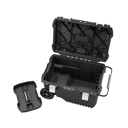 STANLEY FMST1-73601 boîte à outils noire à roulettes avec couvercle ouvert et plateau amovible, vue de face.