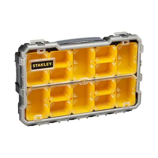 STANLEY FMST1-75779 organiseur de petites pièces avec compartiments jaunes et couvercle transparent, vue de face.