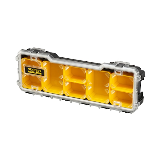 STANLEY FMST1-75781 organiseur de pièces jaune et noir avec couvercle transparent, vue de face en angle.