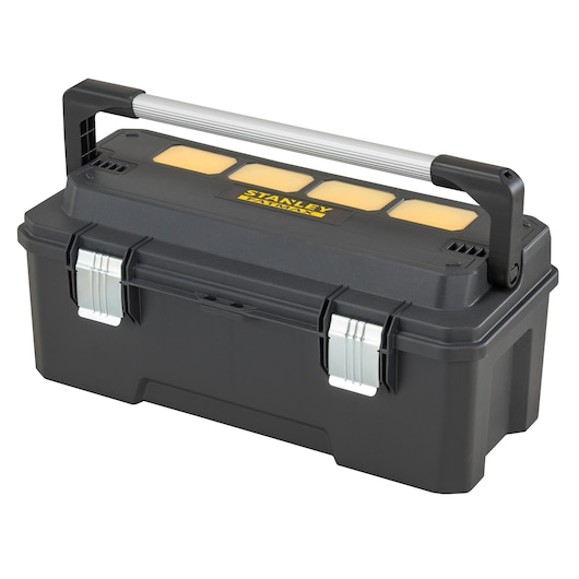STANLEY FMST1-75791 zwarte gereedschapskist met metalen sluitingen, bovenste organiser-vakken en groot handvat, schuine weergave.