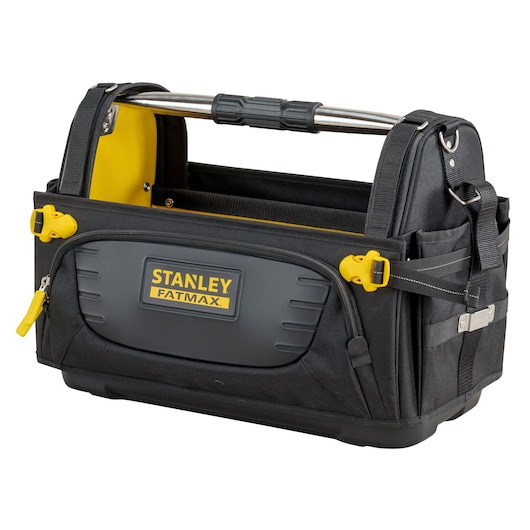 STANLEY FMST1-80146 sac à outils ouvert noir et jaune avec poignée métallique, poche frontale zippée, sangles latérales et base rigide, vue en angle.