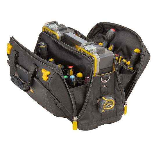 STANLEY FMST1-80147 open gereedschapstas met diverse gereedschappen, zwart stof, frontale foto