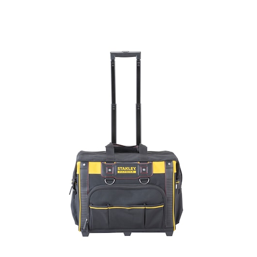 STANLEY FMST1-80148 gereedschapstas met wielen en telescopisch handvat, zwart en geel, vooraanzicht op witte achtergrond.
