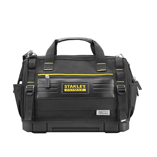 STANLEY FMST17627-1 sac à outils, noir avec accents jaunes, vue de face, série Pro-Stack, poignées robustes.