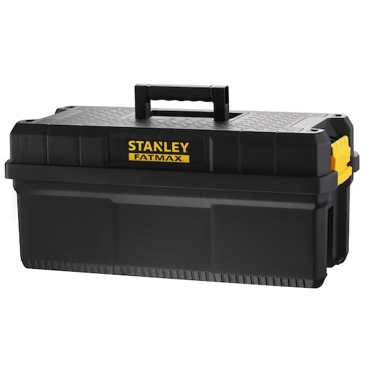 Stanley FMST81083-1 zwarte kunststof gereedschapskist met handvat, gele sluitingen, vooraanzicht, op witte achtergrond.
