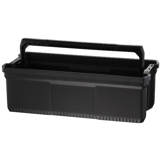 STANLEY FMST81083-1 zwarte kunststof gereedschapskist met brede handgreep, vooraanzicht op witte achtergrond.