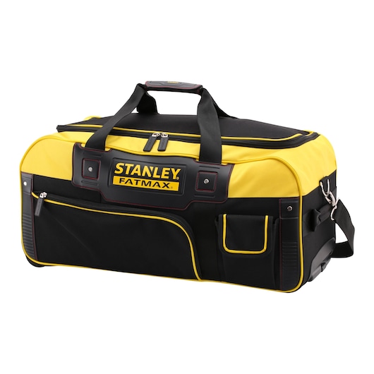 STANLEY FMST82706-1 gereedschapstas, zwart en geel textiel, groot hoofdvak, voor- en zijvakken, schuine hoek.