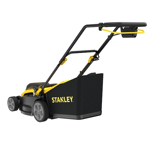 Tondeuse sans fil STANLEY SCMWP3701M2, noire et jaune, vue arrière sur fond blanc.