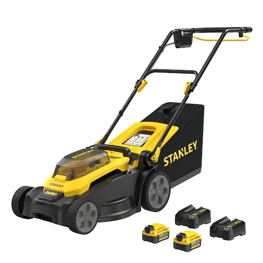 Tondeuse sans fil STANLEY SCMWP3701M2 noire et jaune, présentée avec deux batteries et deux chargeurs, vue en angle.
