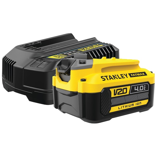 STANLEY SFMCB14M1 V20 4,0Ah lithium-ion accu en lader, productfotografie, schuine aanzicht.