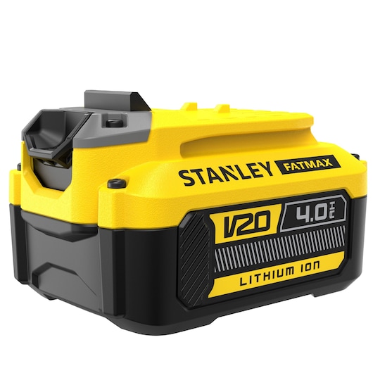 STANLEY SFMCB204 V20 4.0Ah lithium-ion accu, geel en zwart, vooraanzicht op witte achtergrond.