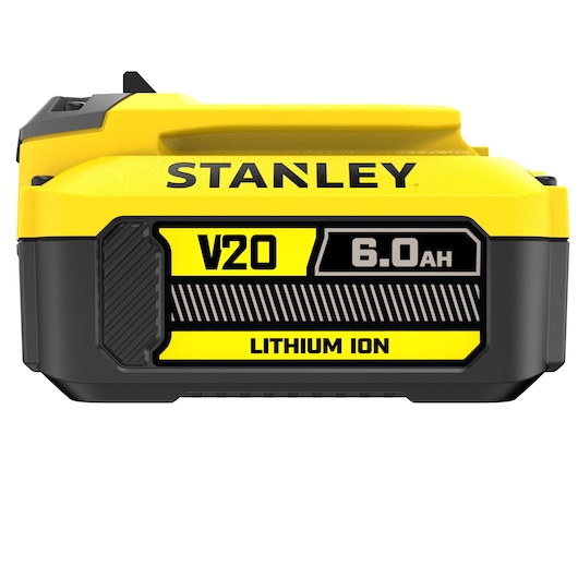 Foto van STANLEY FATMAX SFMCB206 V20 6.0Ah lithium-ion accu, vooraanzicht, geel en zwart omhulsel.