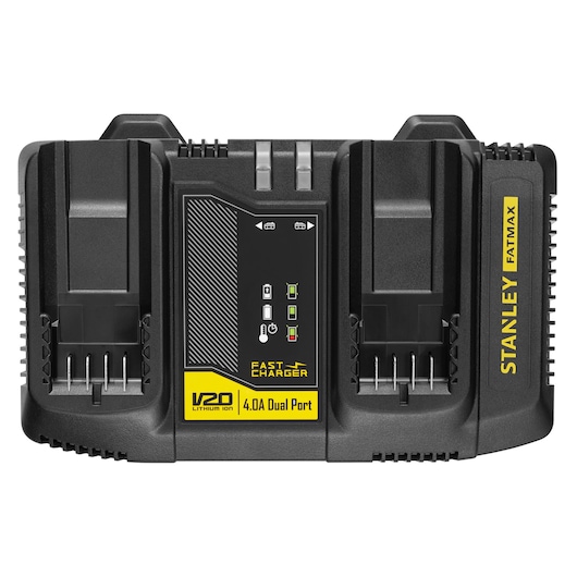 STANLEY SFMCB24 acculader, V20 Fatmax 4.0A dubbele poort, vooraanzicht, zwart en geel ontwerp.