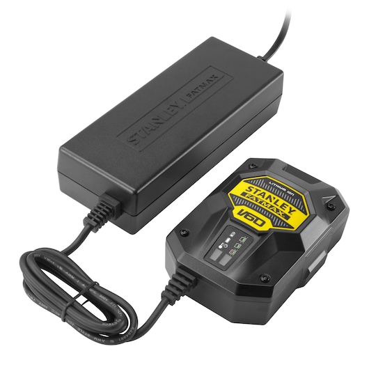 Chargeur de batterie STANLEY SFMCB6012 avec boîtier noir et étiquette V60, vue sur fond blanc.