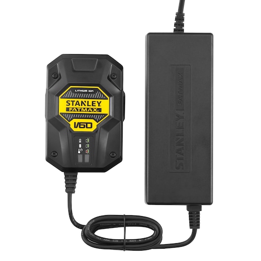 STANLEY SFMCB6012 FATMAX V60 chargeur de batterie lithium-ion, photographie, vue de face, noir et jaune.