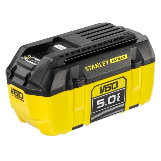 STANLEY SFMCB605 V60 lithium-ion 5,0Ah accu, geel en zwart, onder een hoek op witte achtergrond.