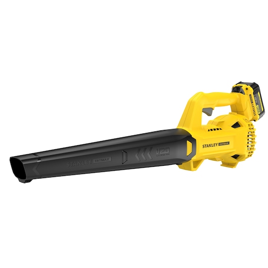 STANLEY SFMCBL714M1 snoerloze bladblazer, geel en zwart, zijaanzicht op witte achtergrond.