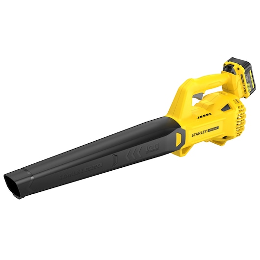 STANLEY SFMCBL714M1 snoerloze bladblazer, geel en zwart, zijaanzicht op witte achtergrond.